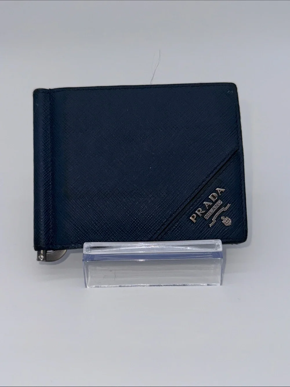 Prada Navy Saffiano Leather Money Clip Wallet with Gold Logo